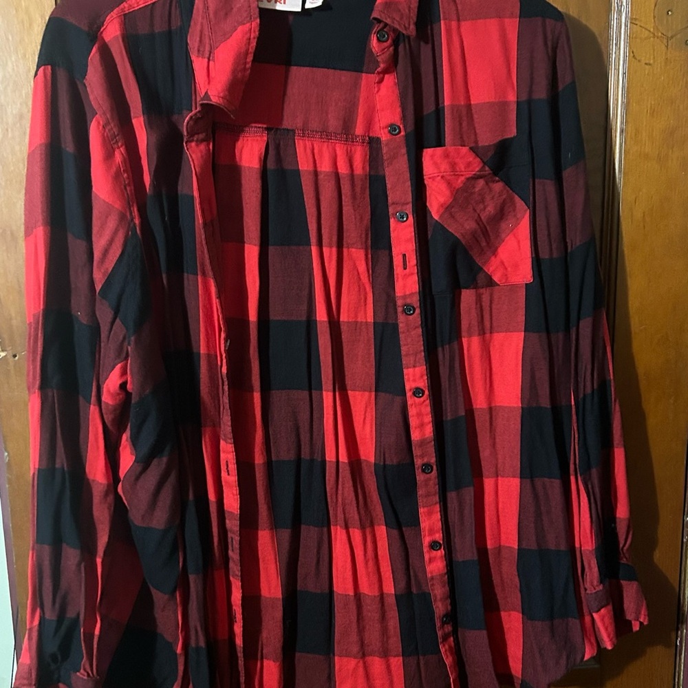 Woman’s Red and Black Buffalo Plaid Button-Up Shirt